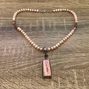 Sterling Silver Rhodochrosite & Garnet Pendant Pearl Beaded Hook Close Necklace